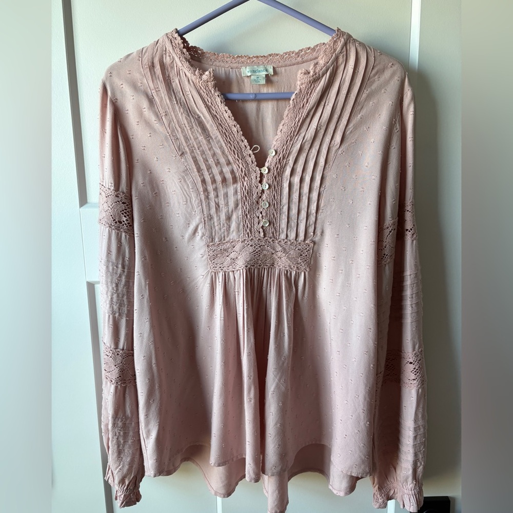 Sundance 'Spirit Lake' pale pink mixed-lace ruffle long sleeve flowy top Medium
